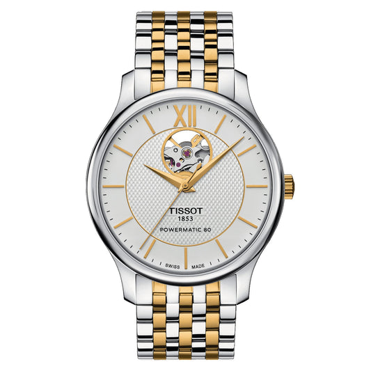 Tissot Tradition Powermatic 80 Open Heart (Stainless Steel, Grey/Yellow Gold 1N14) Roman And Indexes
