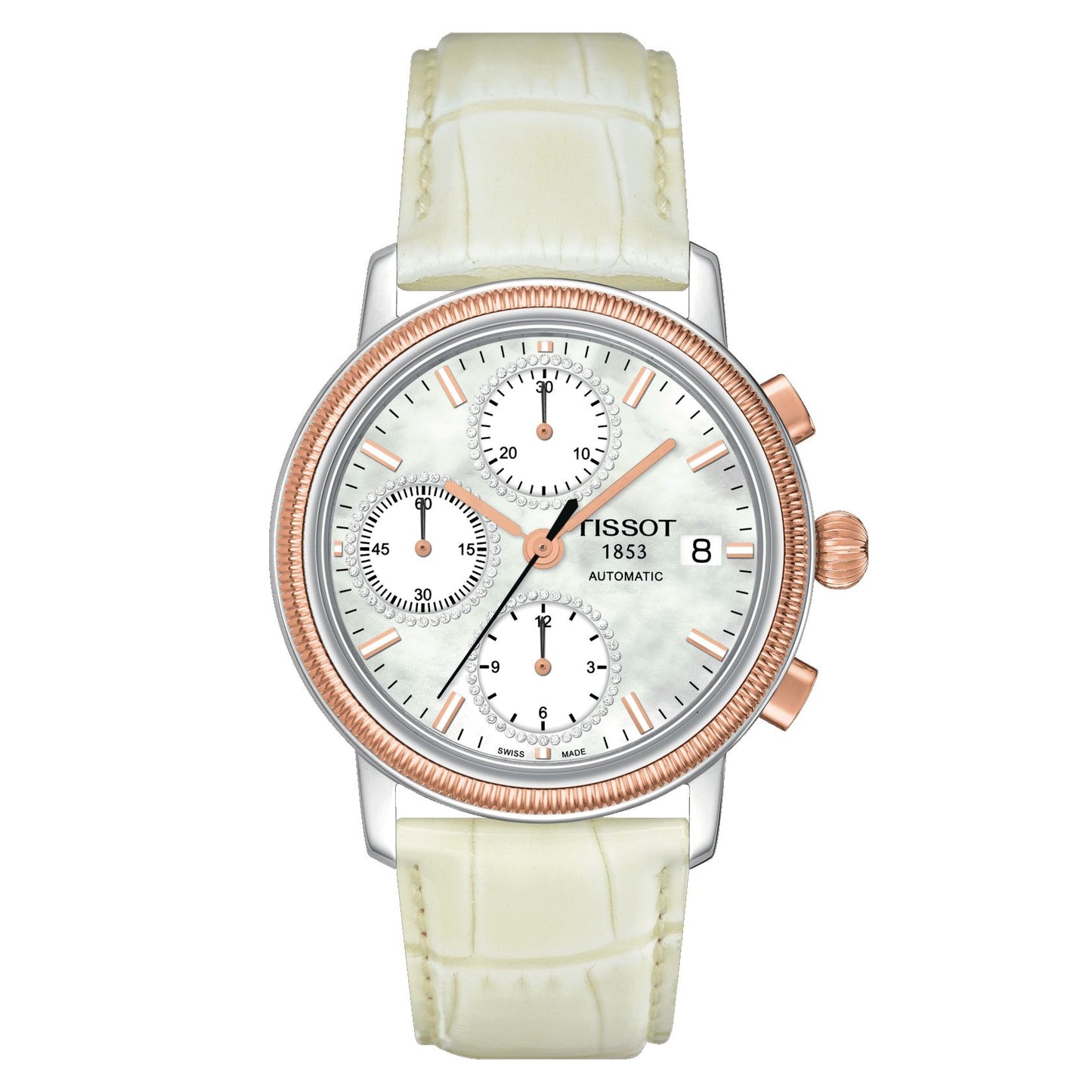Tissot Bridgeport Automatic Valjoux Lady 18K Gold (Leather, White) Indexes And Diamond