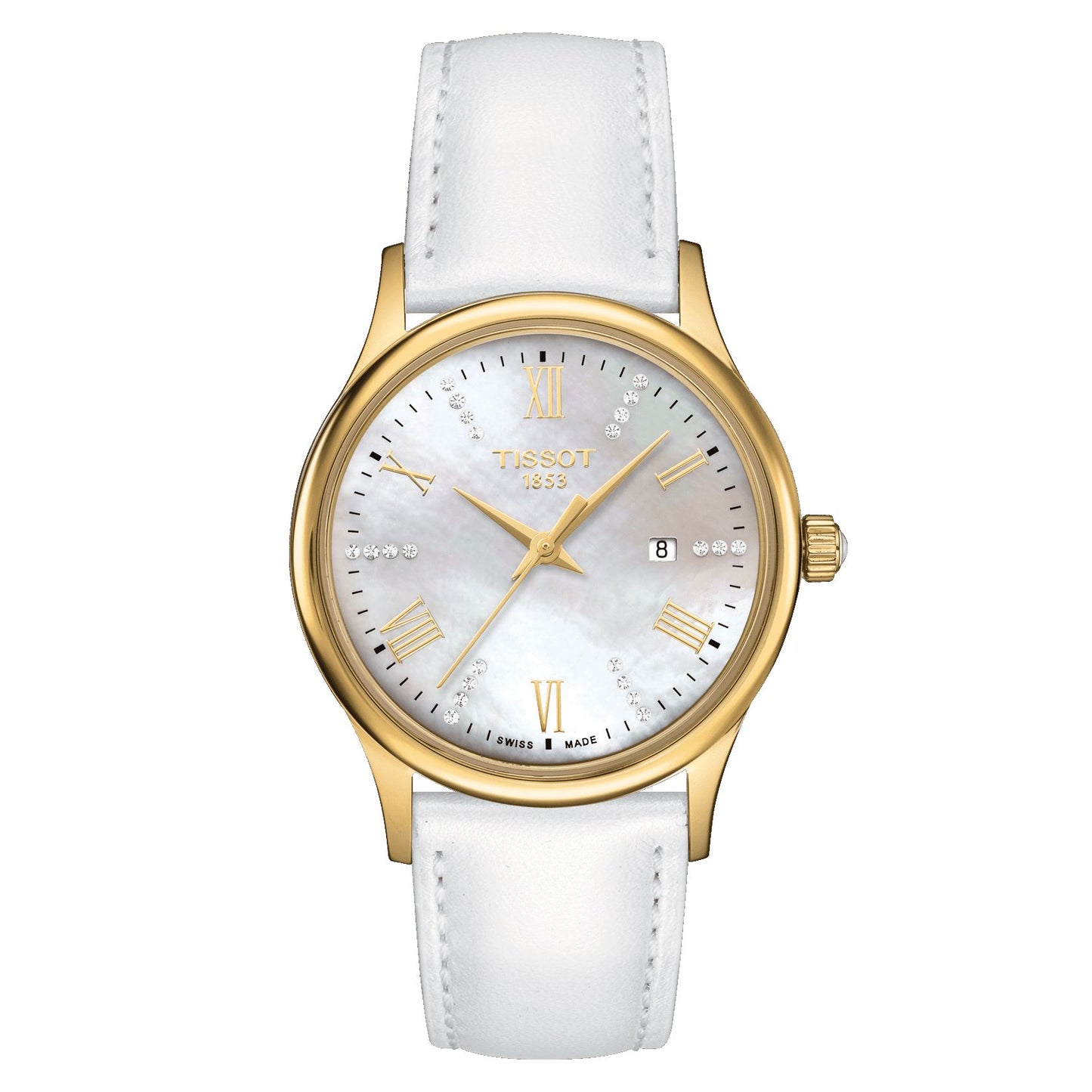 Tissot Rose Dream Lady 18K Gold (Leather, White) Roman And Diamonds