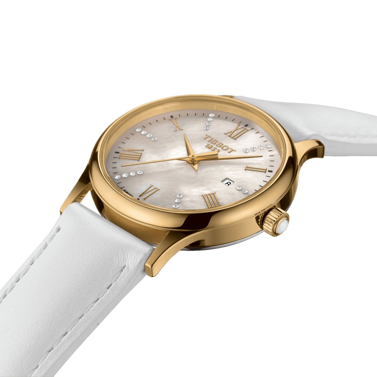 Tissot Rose Dream Lady 18K Gold (Leather, White) Roman And Diamonds