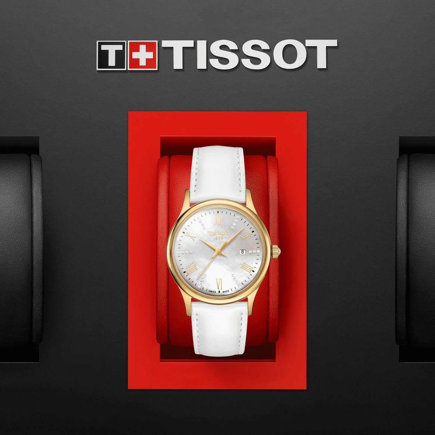 Tissot Rose Dream Lady 18K Gold (Leather, White) Roman And Diamonds