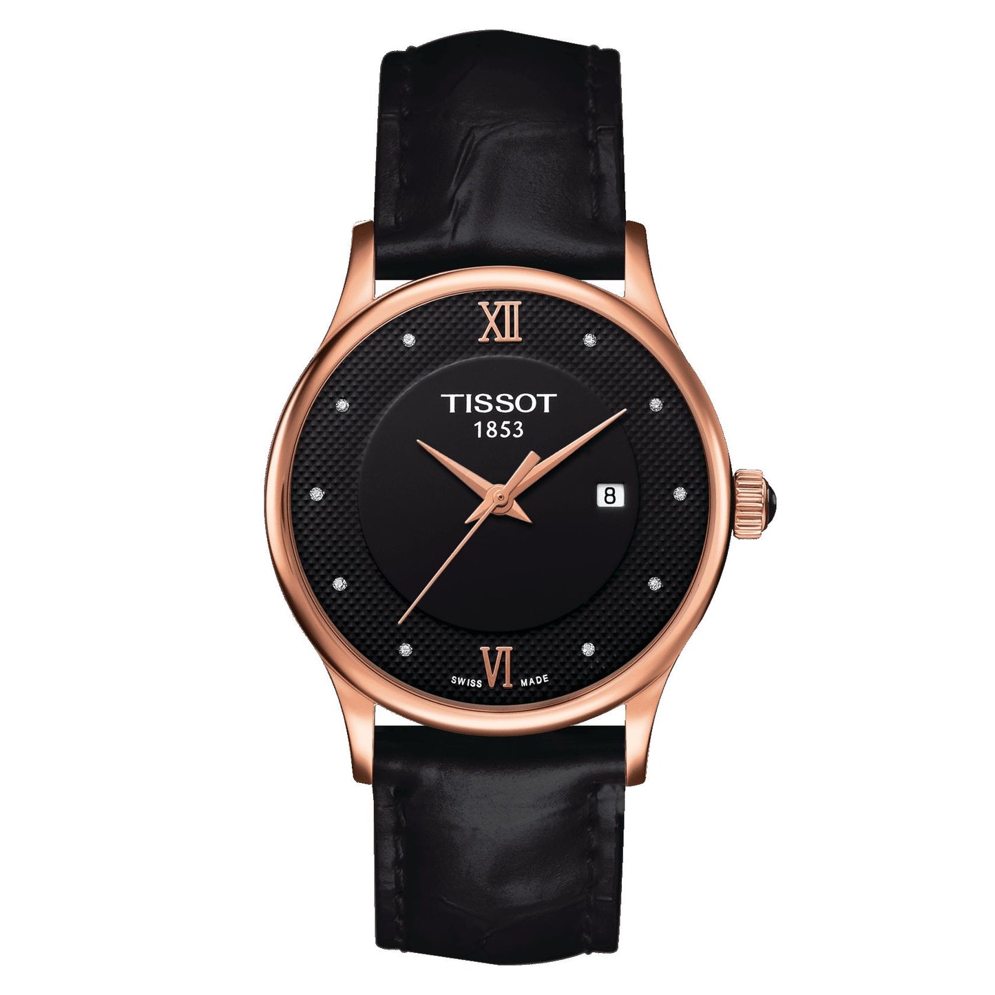 Tissot Rose Dream Lady 18K Gold (Leather, Black) Roman And Diamonds