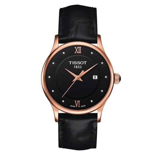 Tissot Rose Dream Lady 18K Gold (Leather, Black) Roman And Diamonds