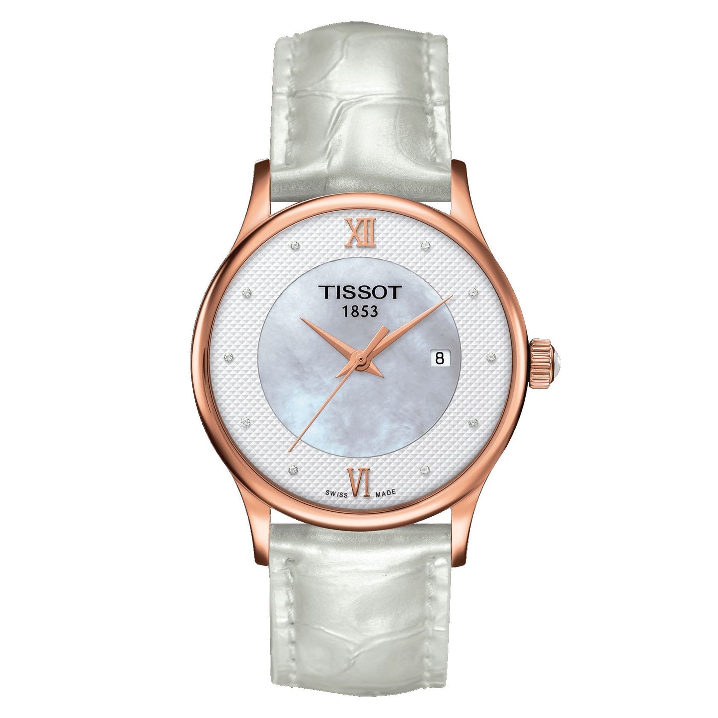 Tissot Rose Dream Lady 18K Gold (Leather, White) Roman And Diamonds