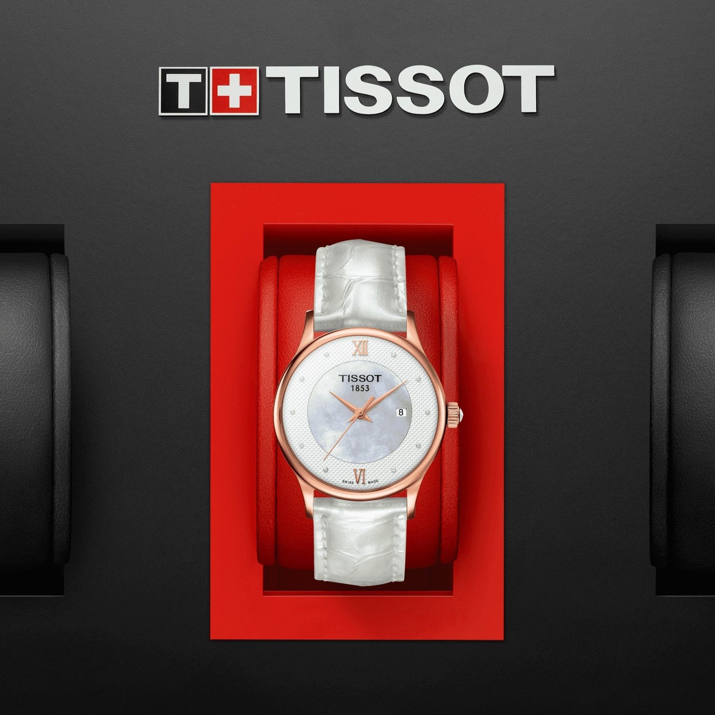 Tissot Rose Dream Lady 18K Gold (Leather, White) Roman And Diamonds