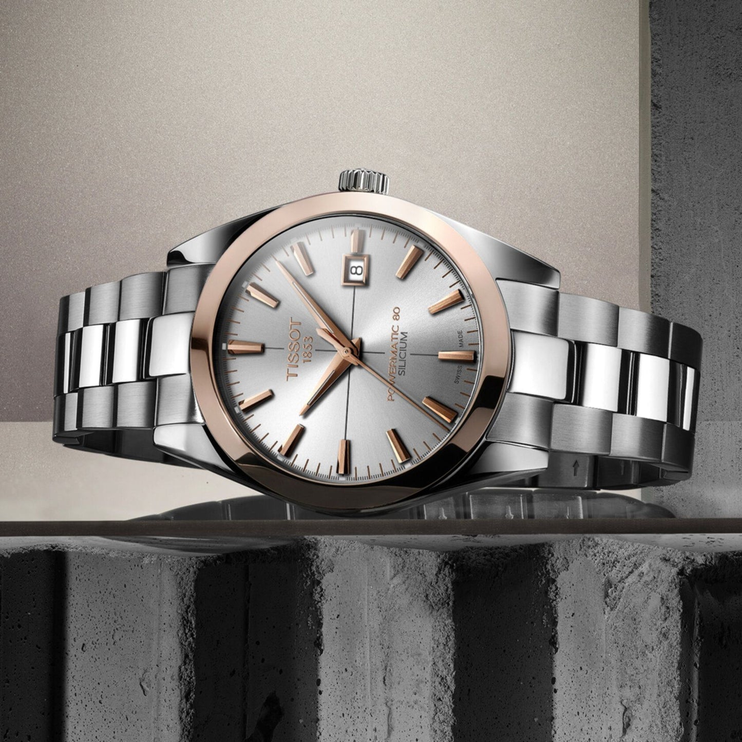 Tissot Gentleman Powermatic 80 Silicium Solid 18K Gold Bezel (Stainless Steel, Grey) Indexes