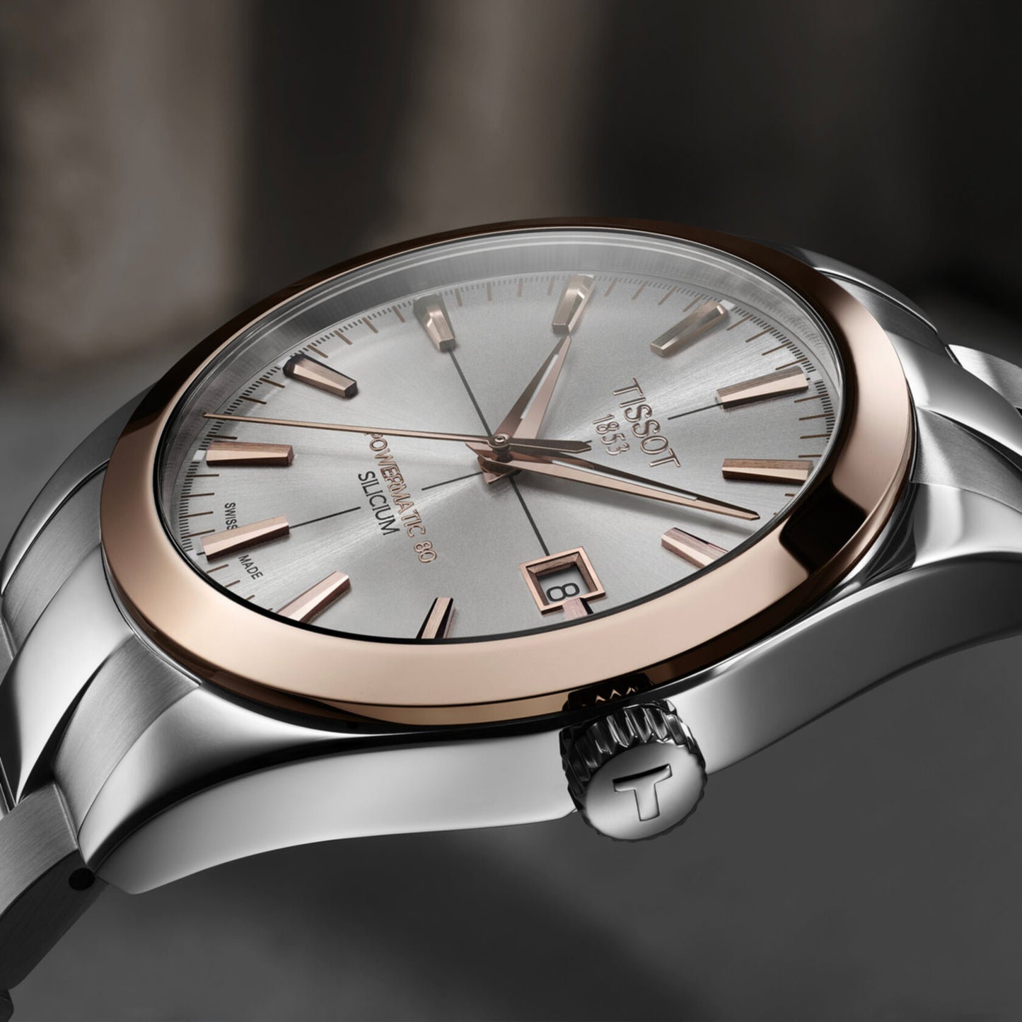Tissot Gentleman Powermatic 80 Silicium Solid 18K Gold Bezel (Stainless Steel, Grey) Indexes