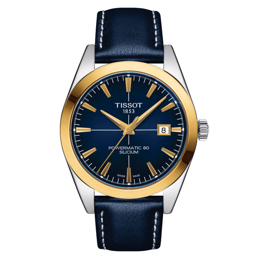 Tissot Gentleman Powermatic 80 Silicium Solid 18K Gold Bezel (Leather, Blue) Indexes
