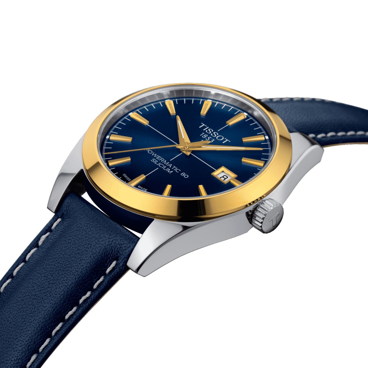Tissot Gentleman Powermatic 80 Silicium Solid 18K Gold Bezel (Leather, Blue) Indexes