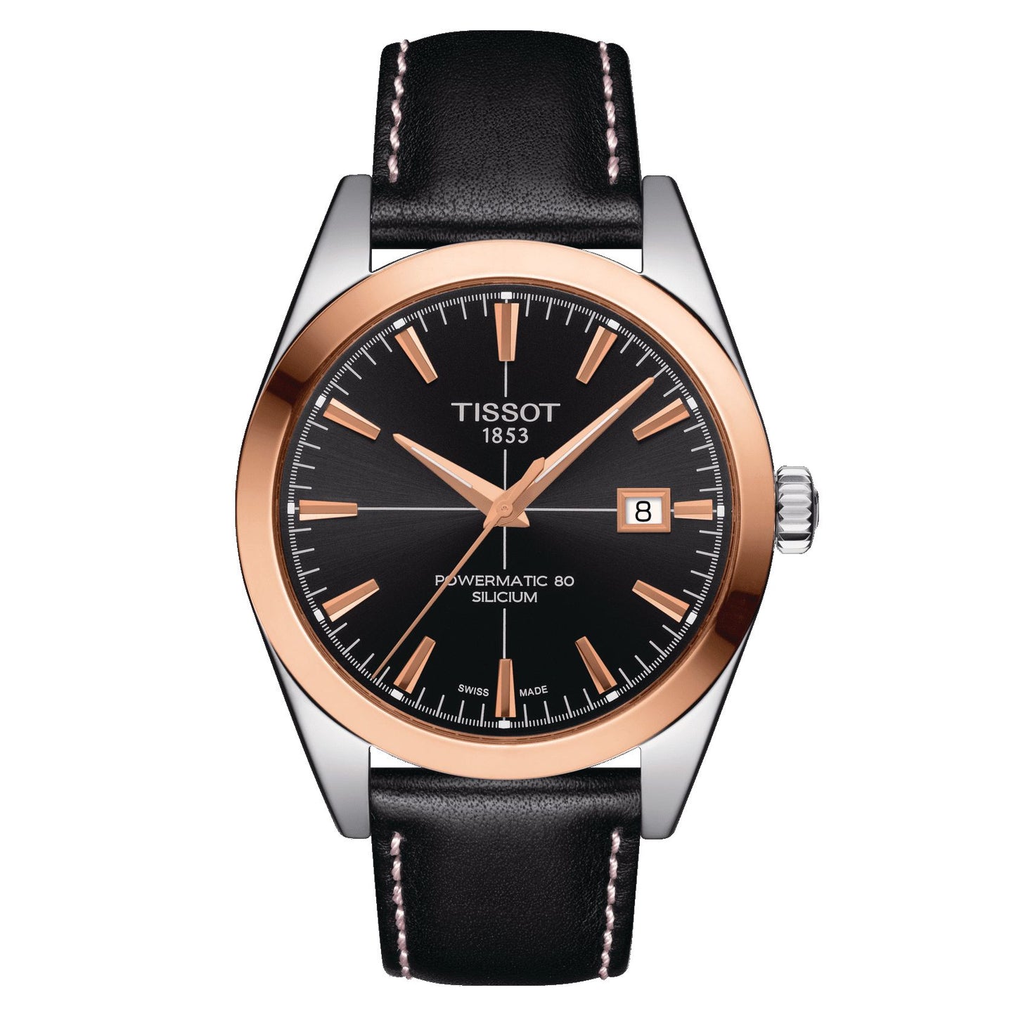 Tissot Gentleman Powermatic 80 Silicium Solid 18K Gold Bezel (Leather, Black) Indexes