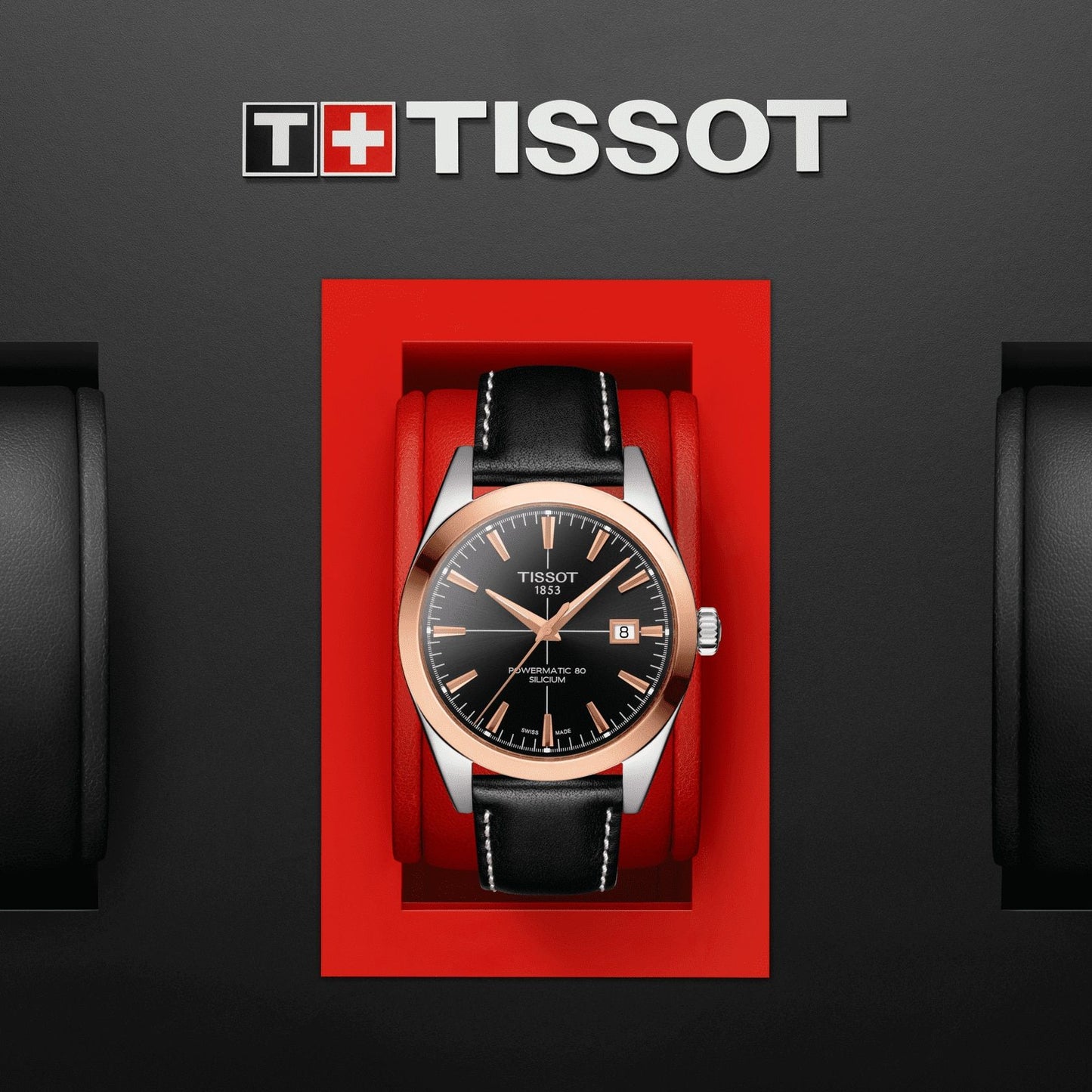Tissot Gentleman Powermatic 80 Silicium Solid 18K Gold Bezel (Leather, Black) Indexes