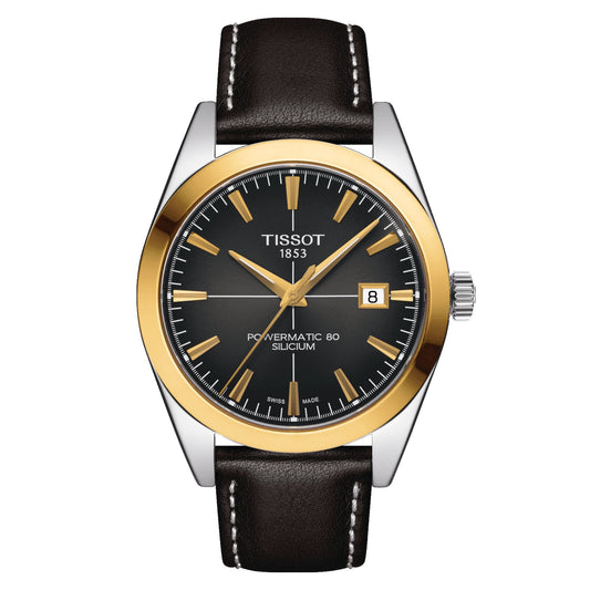 Tissot Gentleman Powermatic 80 Silicium Solid 18K Gold Bezel (Leather, Grey) Indexes