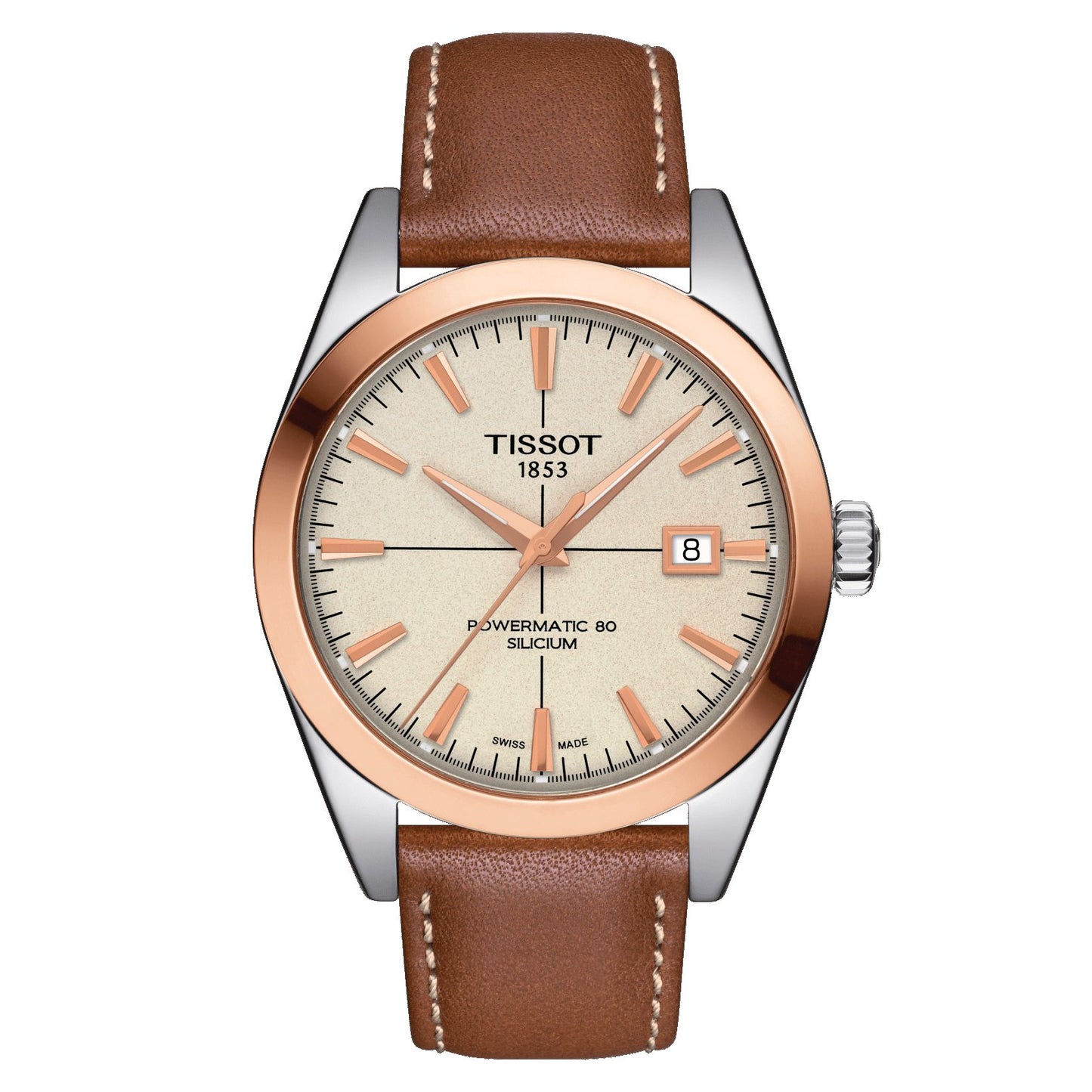 Tissot Gentleman Powermatic 80 Silicium Solid 18K Gold Bezel (Leather, Brown) Indexes