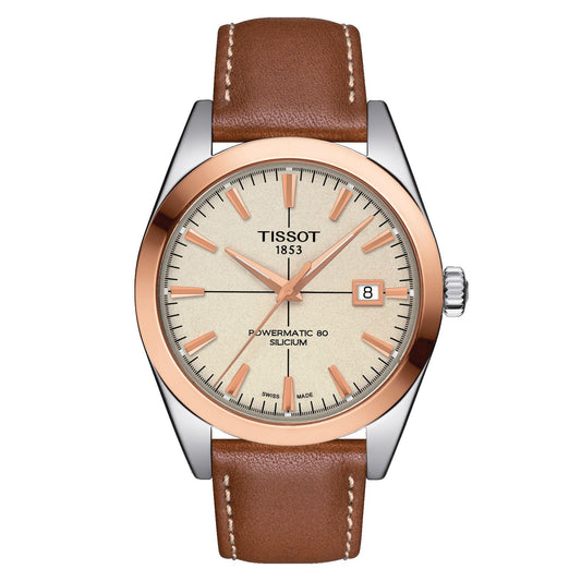 Tissot Gentleman Powermatic 80 Silicium Solid 18K Gold Bezel (Leather, Brown) Indexes