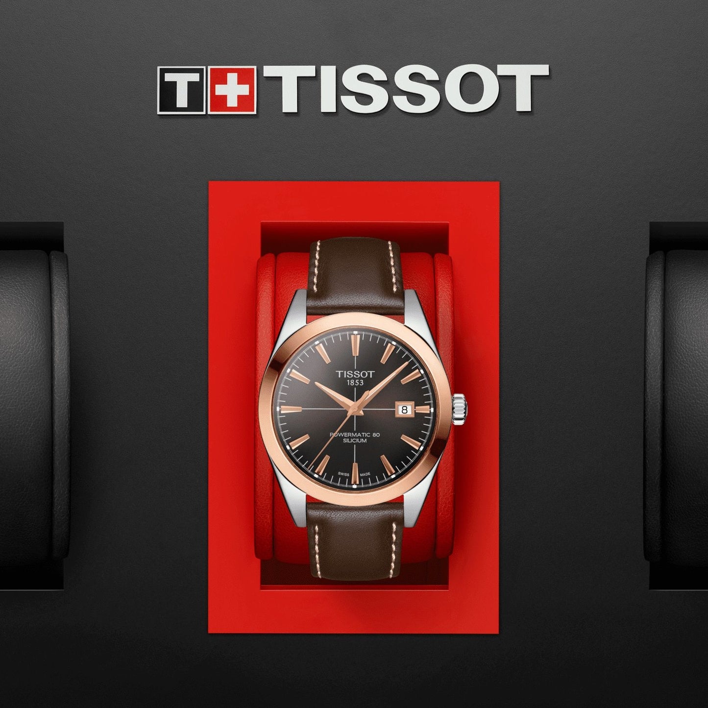 Tissot Gentleman Powermatic 80 Silicium Solid 18K Gold Bezel (Leather, Brown) Indexes