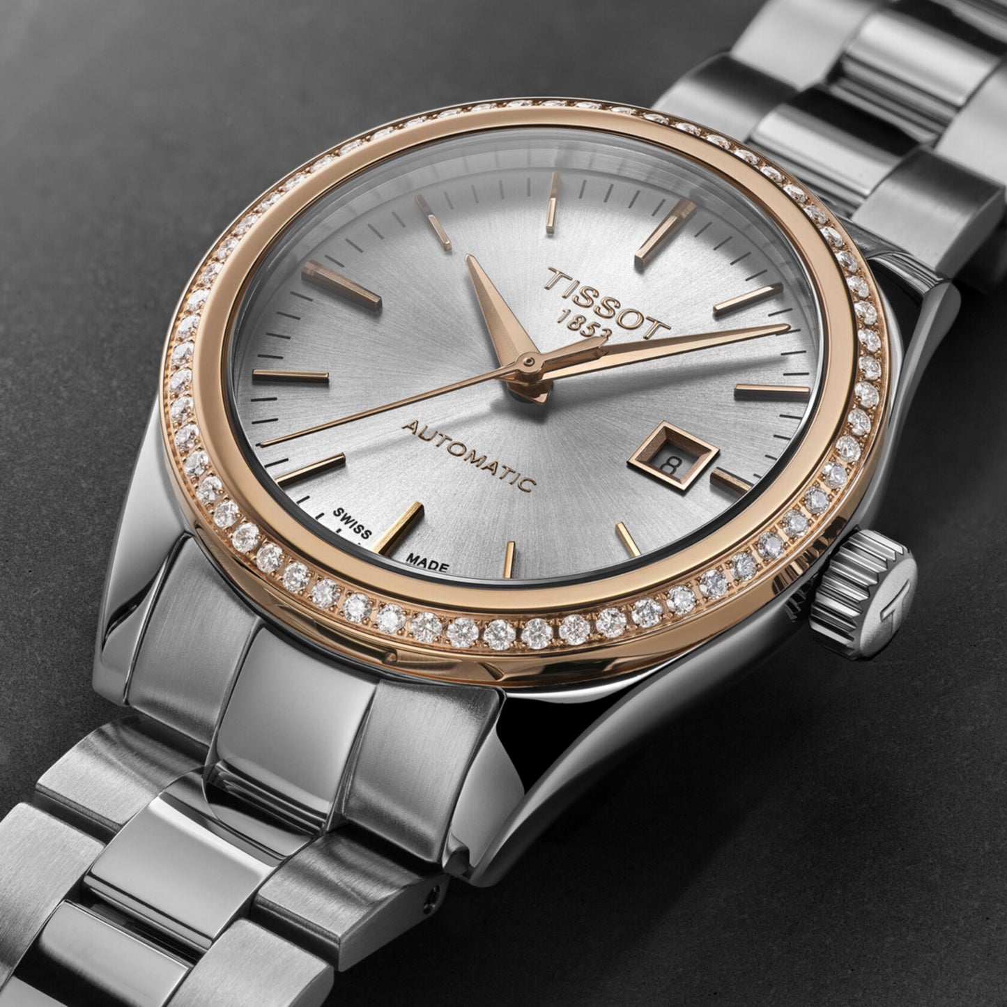 Tissot T-My Lady Automatic 18K Gold Bezel (Stainless Steel, Grey) Indexes