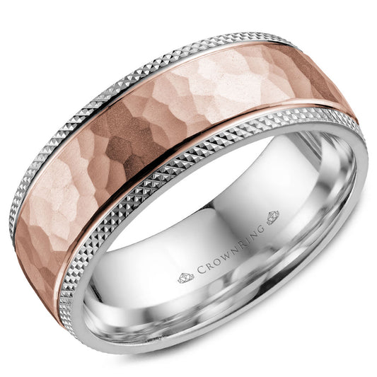 Crownring Wedding Band Rose and White Gold Carved 8.00mm