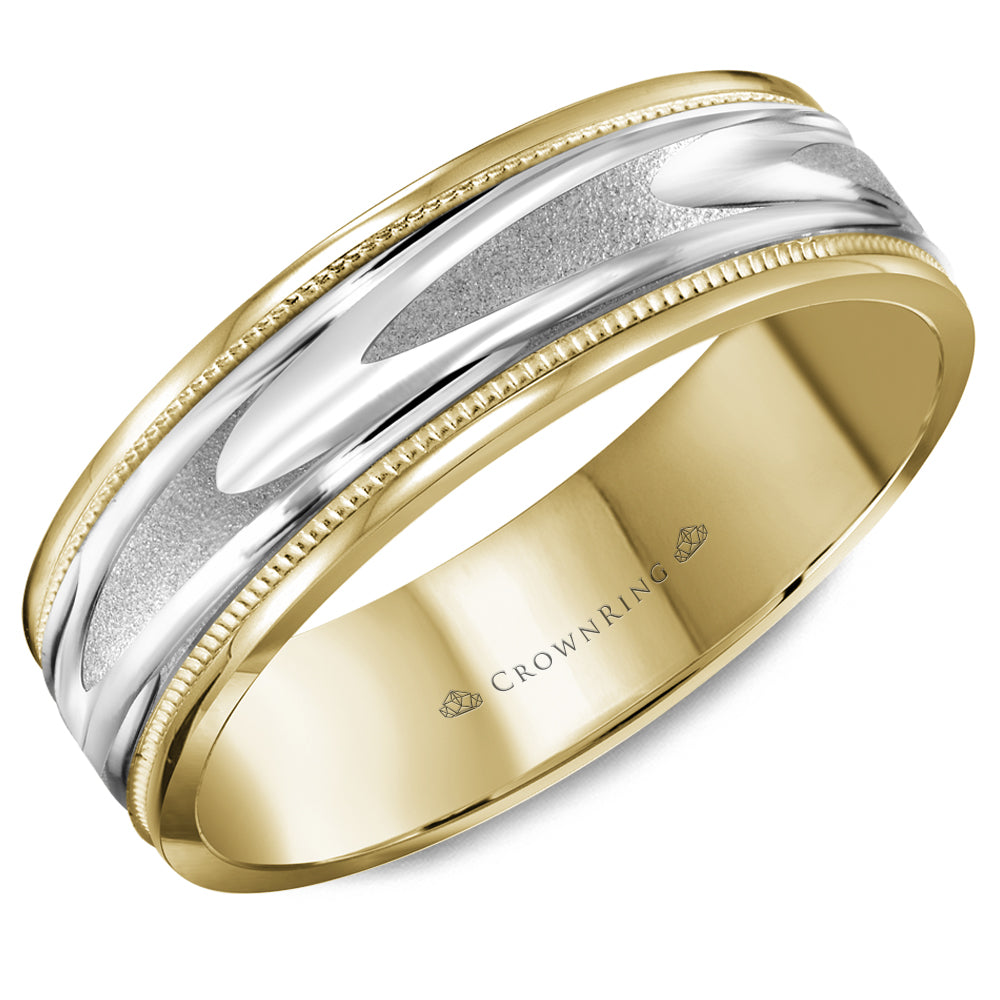 Crownring Wedding Band White and Yellow Gold Carved 6.00mm