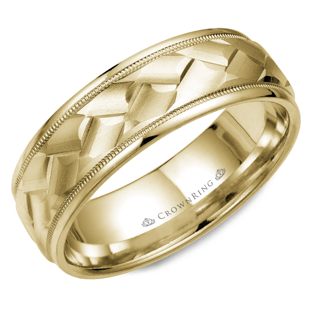 Crownring Wedding Band Yellow Gold Carved 7.00mm