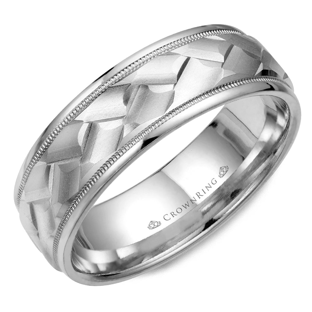 Crownring Wedding Band Platinum Carved 7.00mm