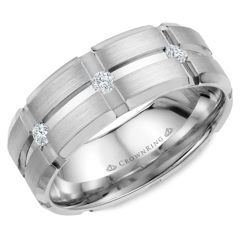 Crownring Wedding Band White Gold With 3 RD, TCW 0.15ct Diamond 8.00mm