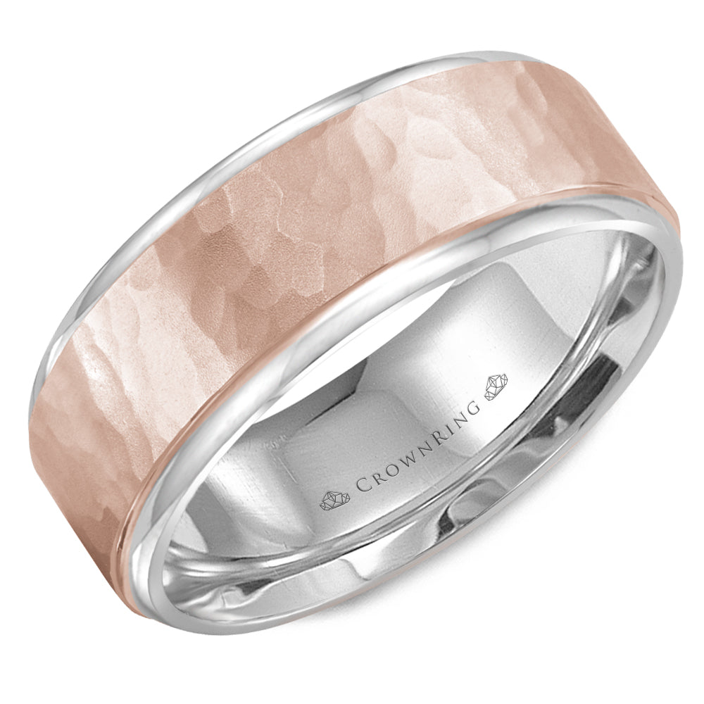 Crownring Wedding Band Rose and White Gold Carved 8.00mm