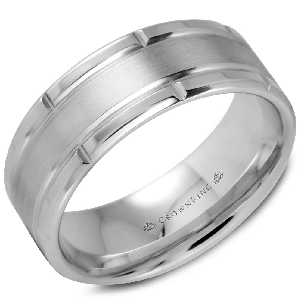 Crownring Wedding Band White Gold Carved 8.00mm