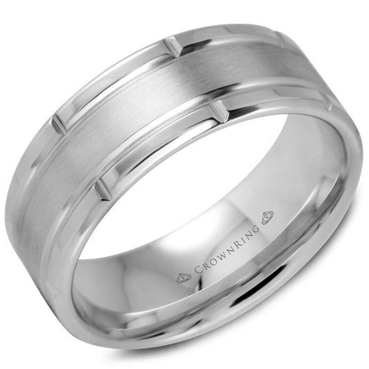 Crownring Wedding Band White Gold Carved 8.00mm