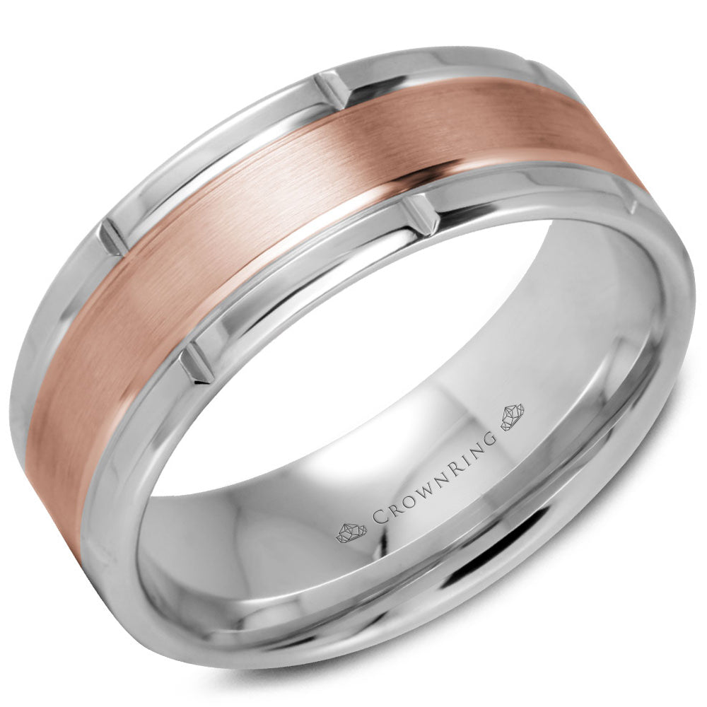 Crownring Wedding Band Rose and White Gold Carved 8.00mm
